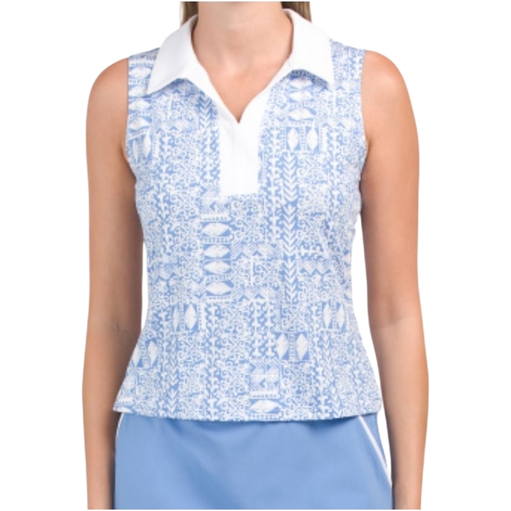 NWT Sigrid Olsen Golf & Tennis M White Blue Sleeveless Polo‎ Shirt UPF 50